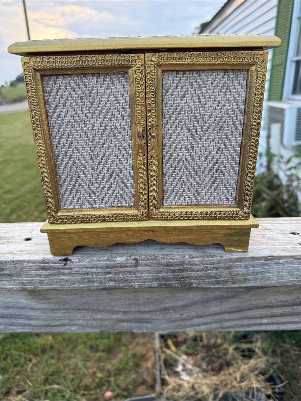 Vintage Gold Miniature Cabinet with Cream Fabric Doors jewlry musical box